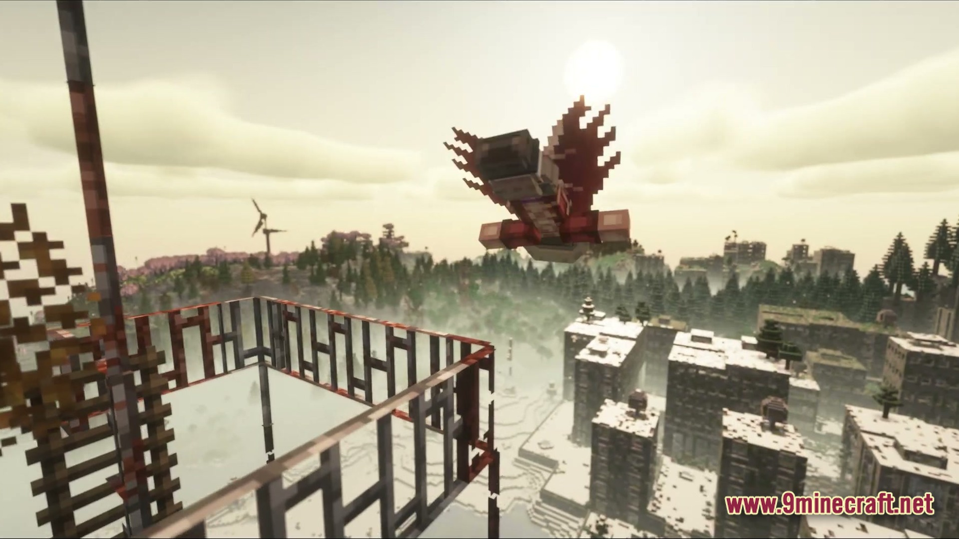 A player flies over a snowy abandoned city with a red mechanical glider during the day