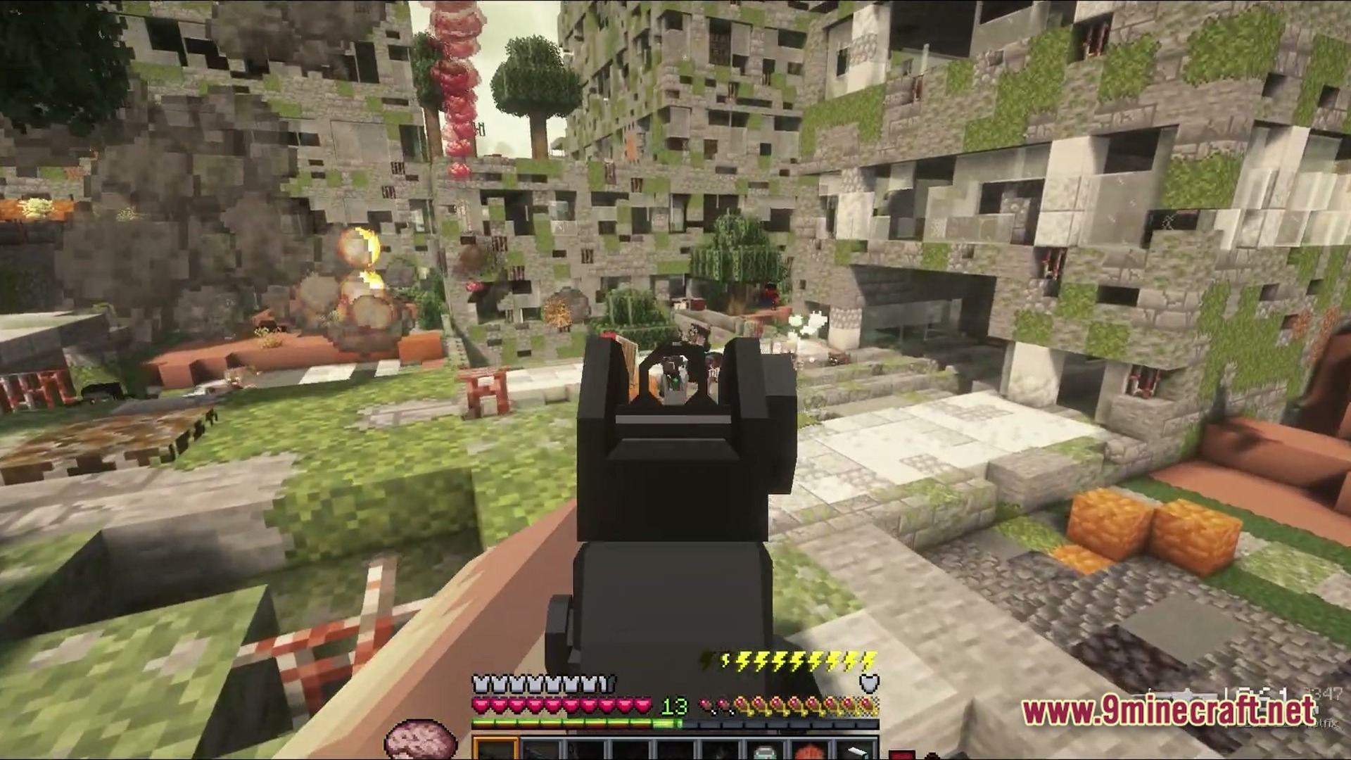 A first-person view of a player aiming a firearm at enemies in a ruined city