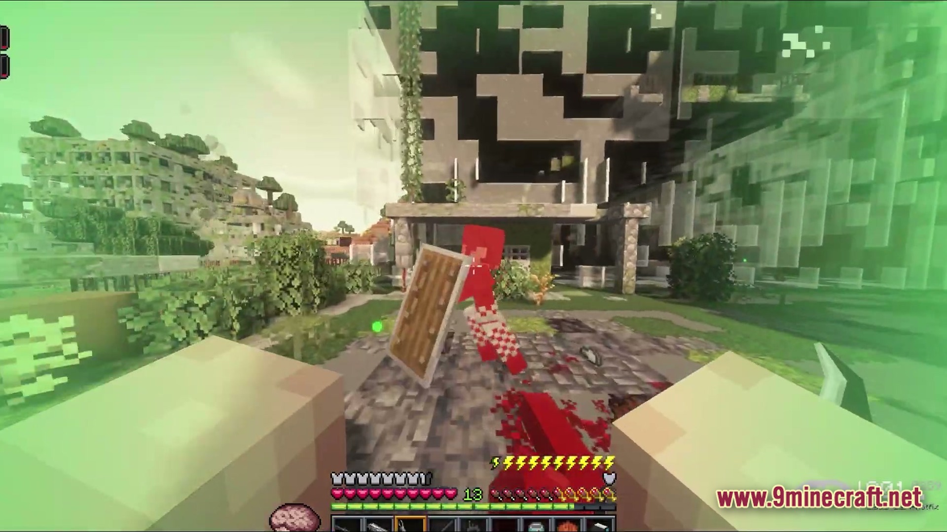 A player engages in combat with a red-tinted enemy near ruined concrete structures and overgrown foliage