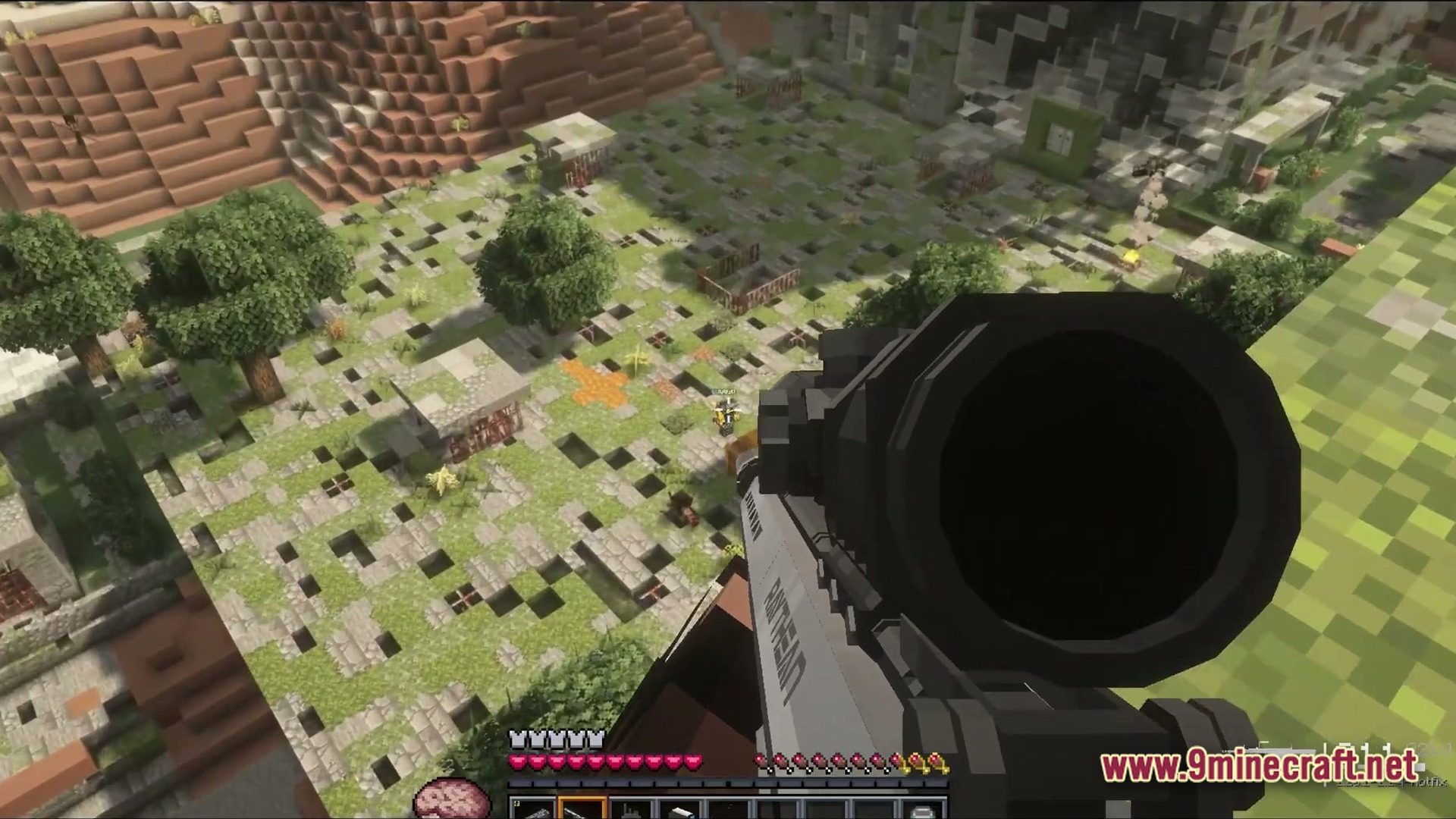 A first-person view of a player aiming a scoped rifle over a ruined urban landscape
