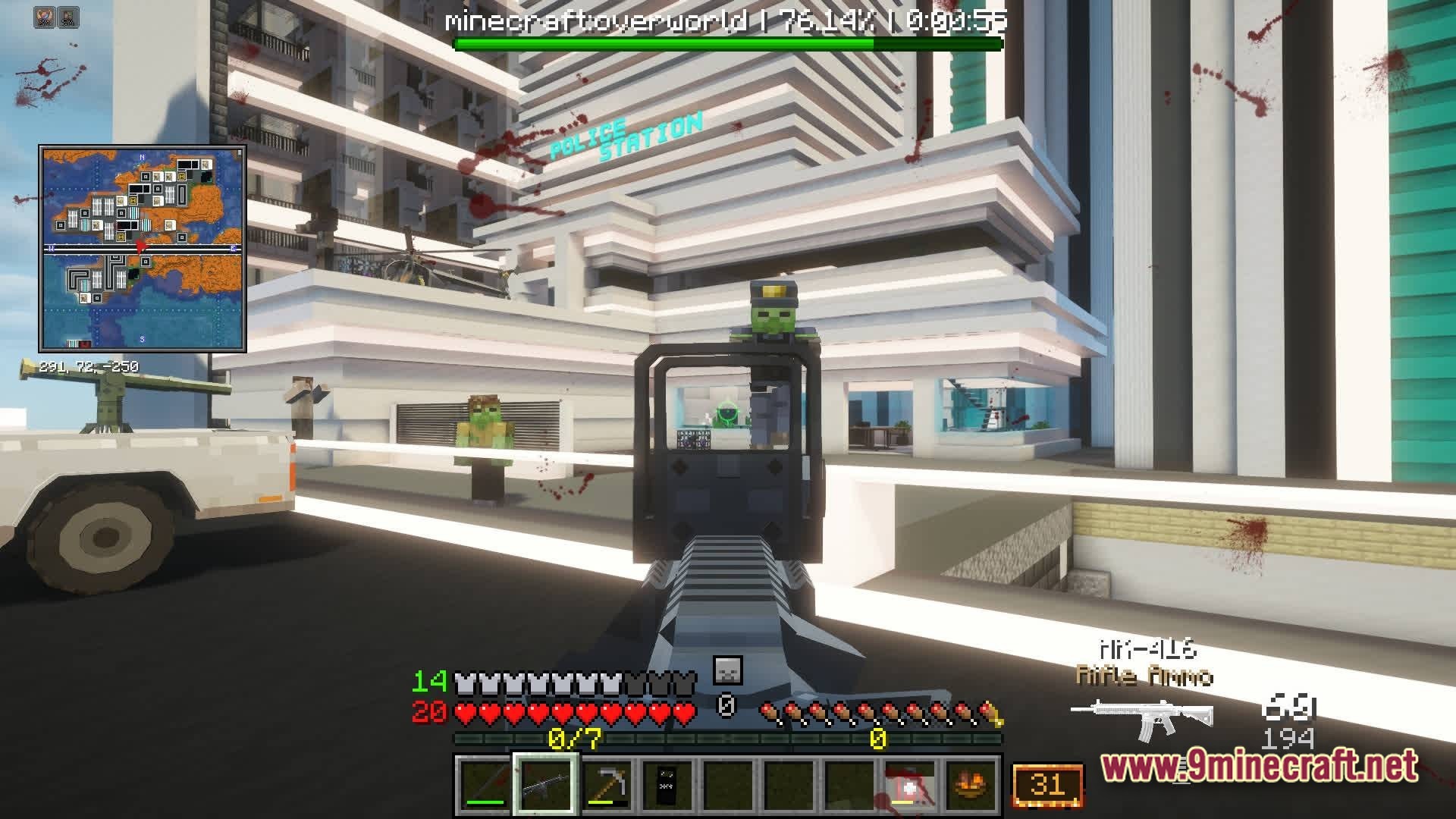 A player aims an HK-416 rifle at zombie mobs outside a modern police station structure