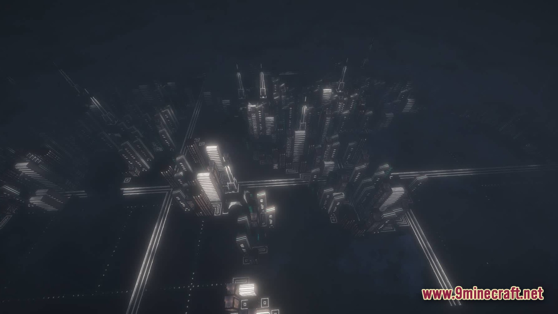 An aerial view of a sprawling cyberpunk city with illuminated skyscrapers and glowing neon streets at night