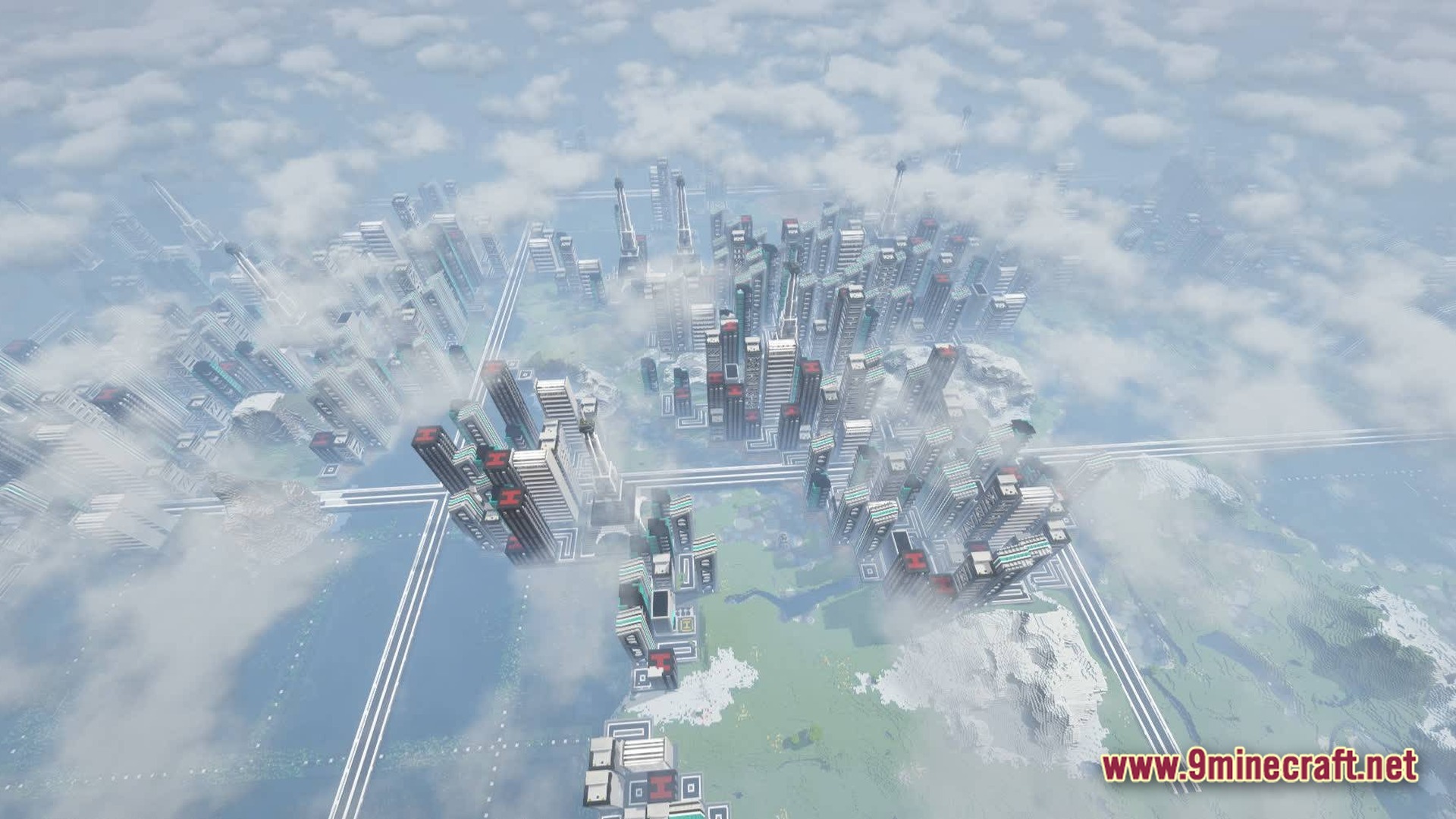 An aerial view of a sprawling futuristic city with skyscrapers and roads above the clouds