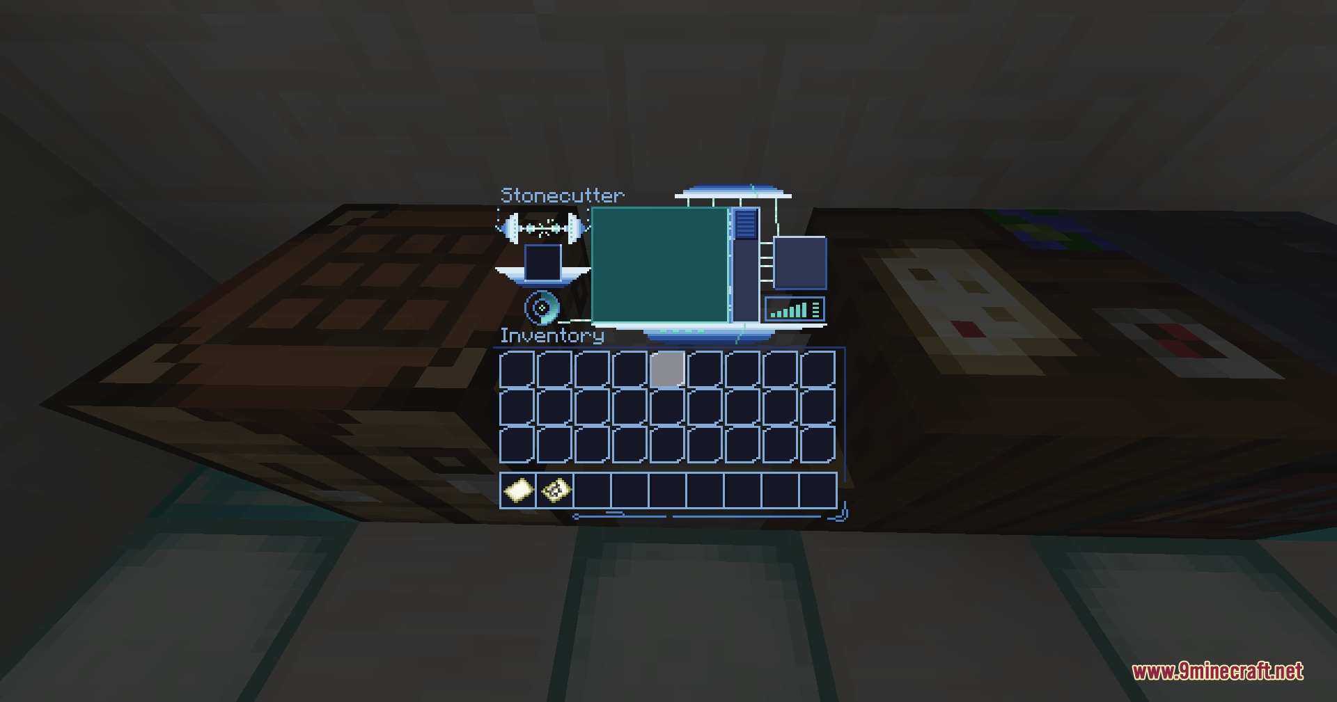 Neon Pulse Interface Resource Pack Screenshot 2 Futuristic stonecutter UI with glowing blue elements and a dark inventory grid