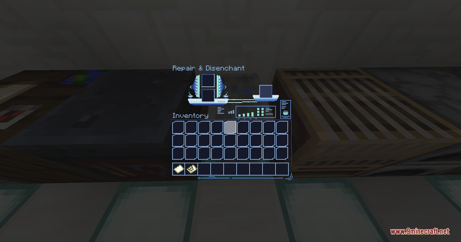 Neon Pulse Interface Resource Pack Screenshot 5 Futuristic neon blue interface for the repair and disenchant menu in Minecraft