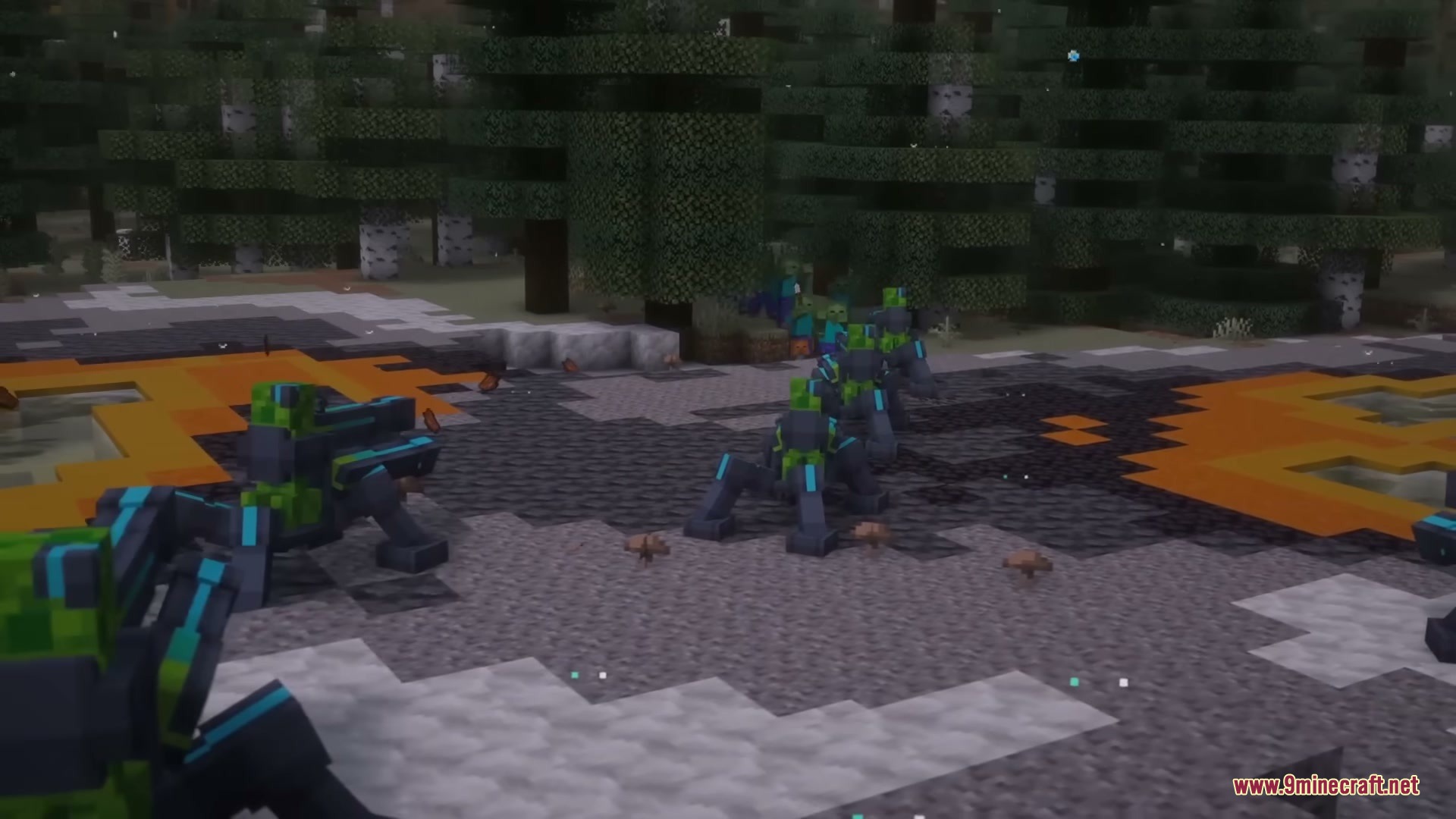 Neon Sentry Keeper Mod Screenshot 1 A group of cyborg creepers standing in a dark forest clearing
