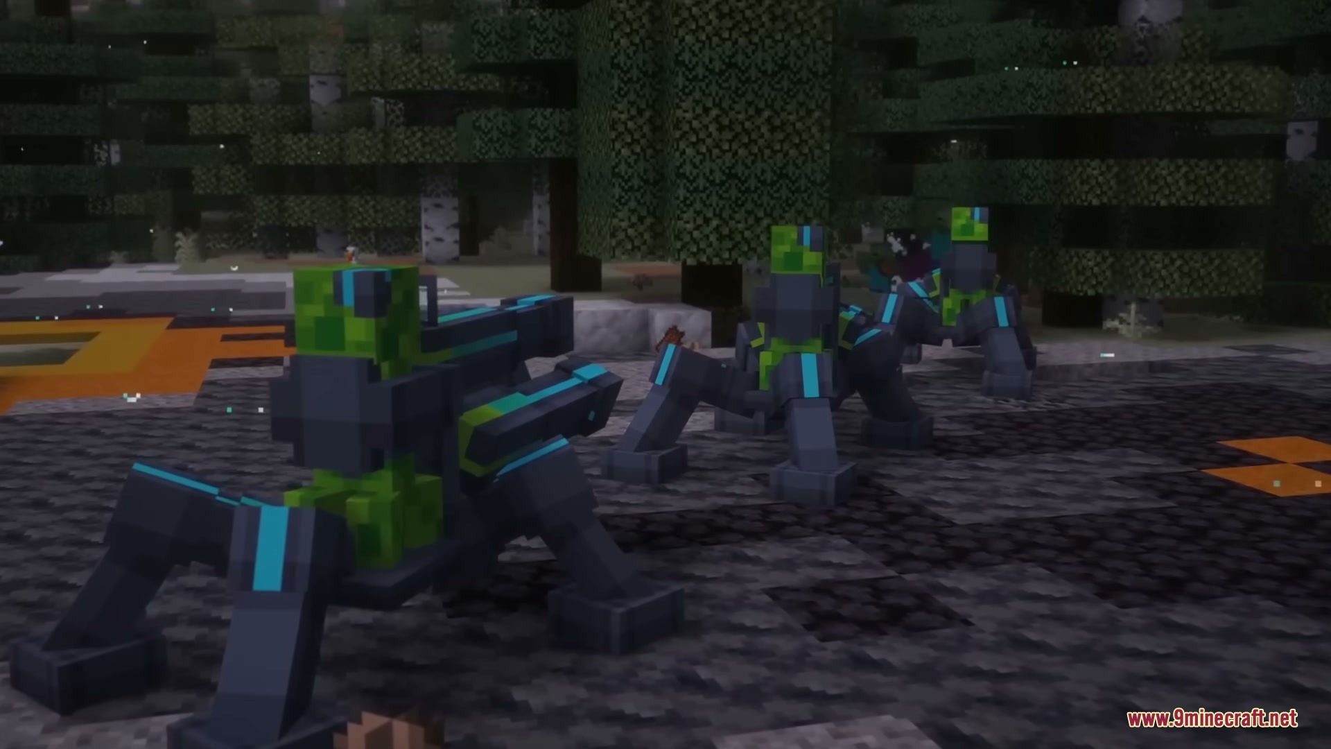Neon Sentry Keeper Mod Screenshot 10 Modified cyborg creepers with neon blue lights standing in a dark forest clearing