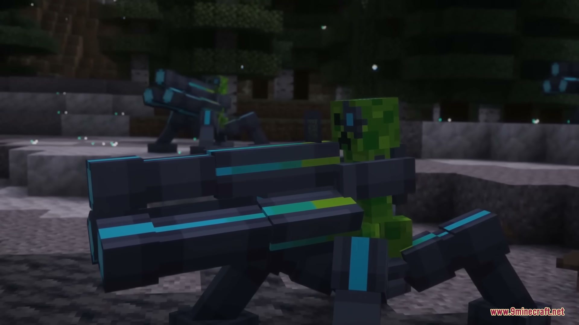 Neon Sentry Keeper Mod Screenshot 2 A cyborg creeper operating a high tech plasma turret in the forest