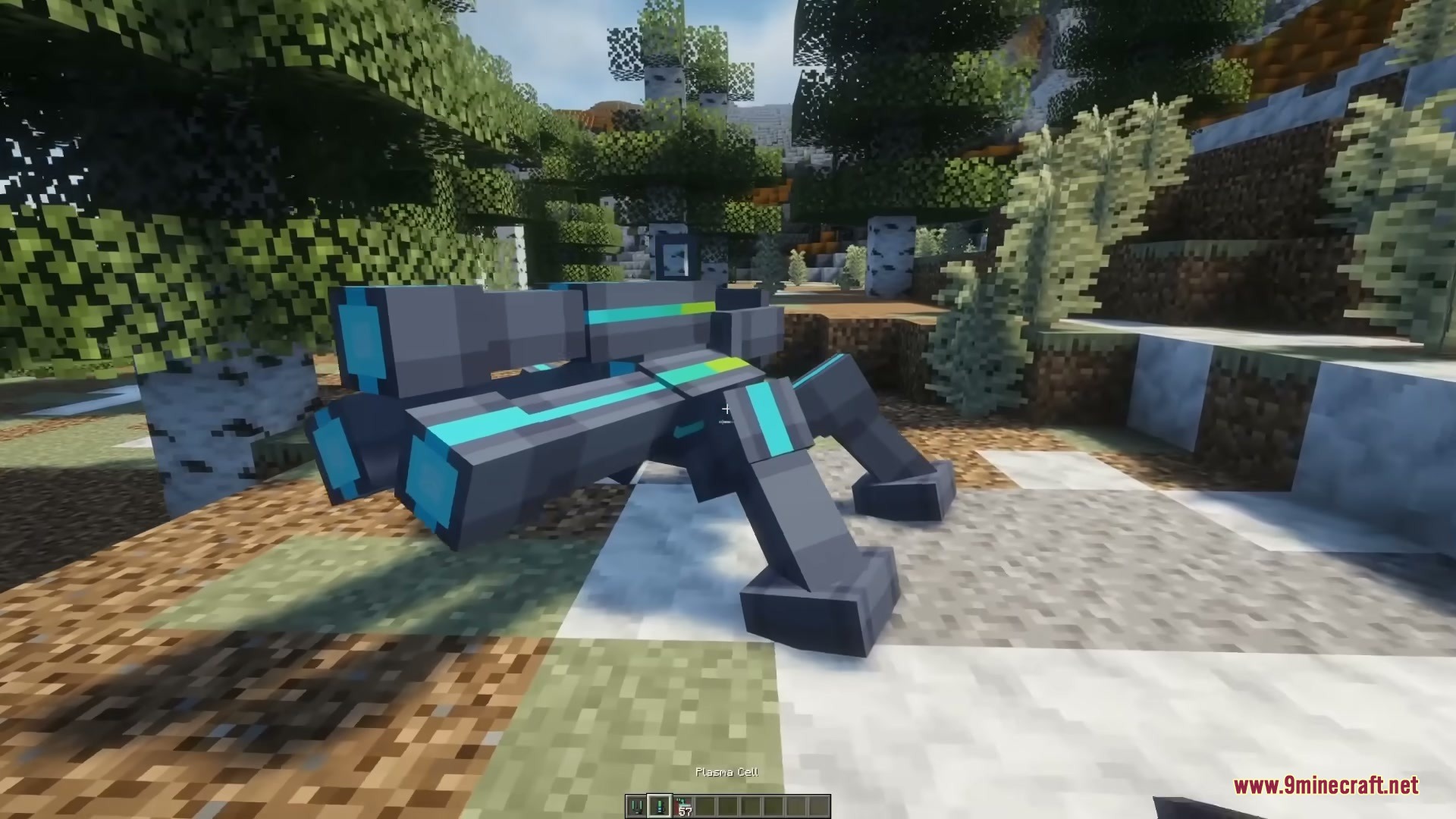 Neon Sentry Keeper Mod Screenshot 3 A futuristic plasma turret stands ready for defense in a forest biome