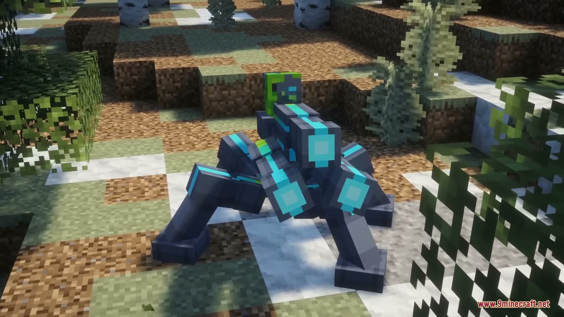 Neon Sentry Keeper Mod Screenshot 5 A futuristic robotic creeper with glowing blue accents stands in a snowy forest