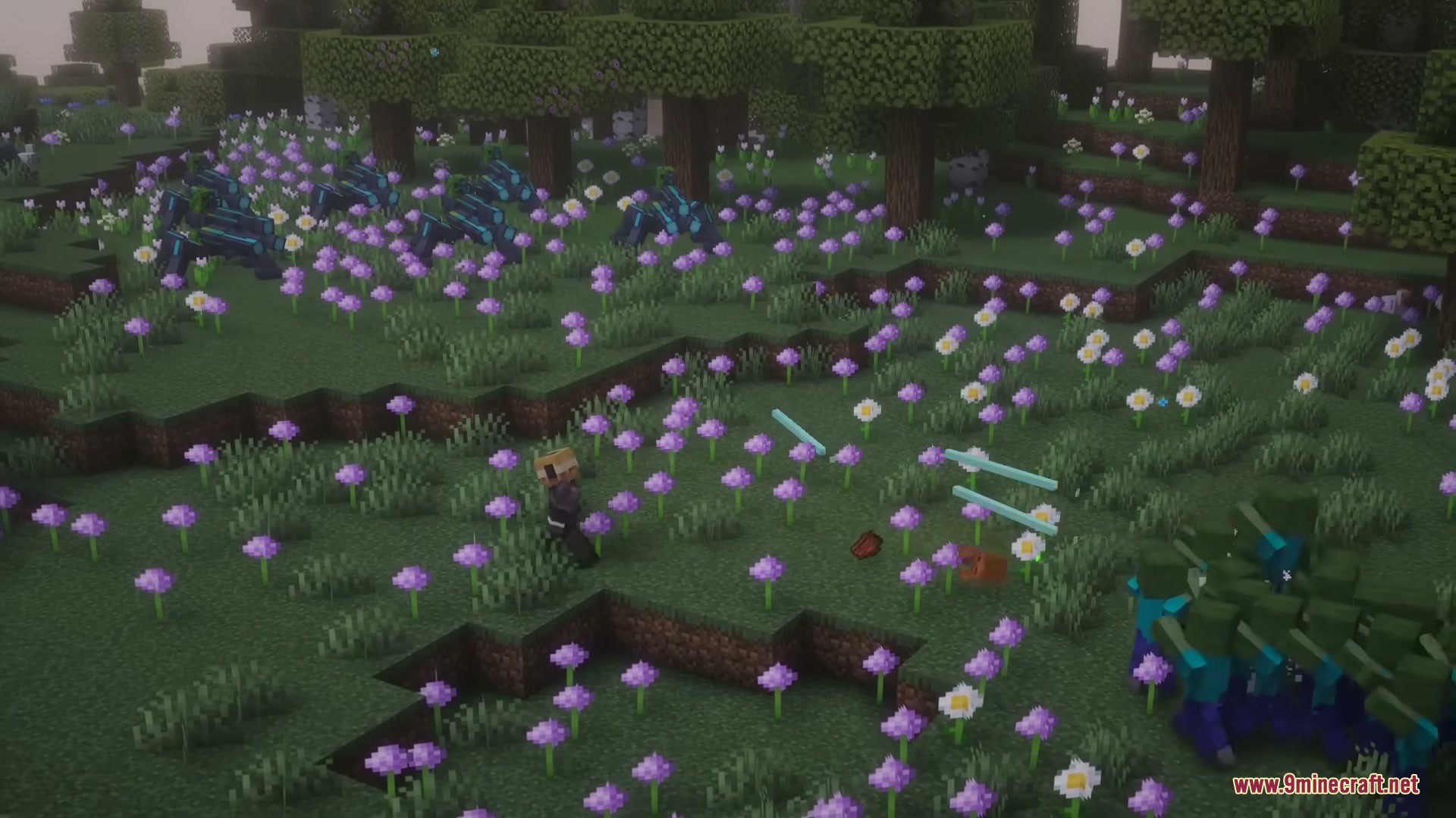 Neon Sentry Keeper Mod Screenshot 6 Robotic defenders fire glowing plasma bolts at a group of zombies in a field