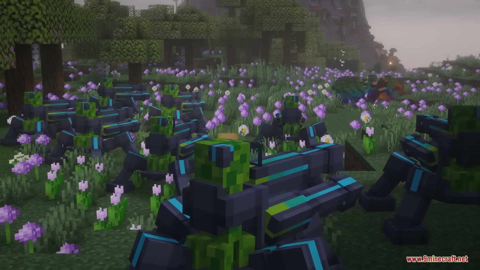 Neon Sentry Keeper Mod Screenshot 7 A group of cyborg creepers standing in a field of purple flowers