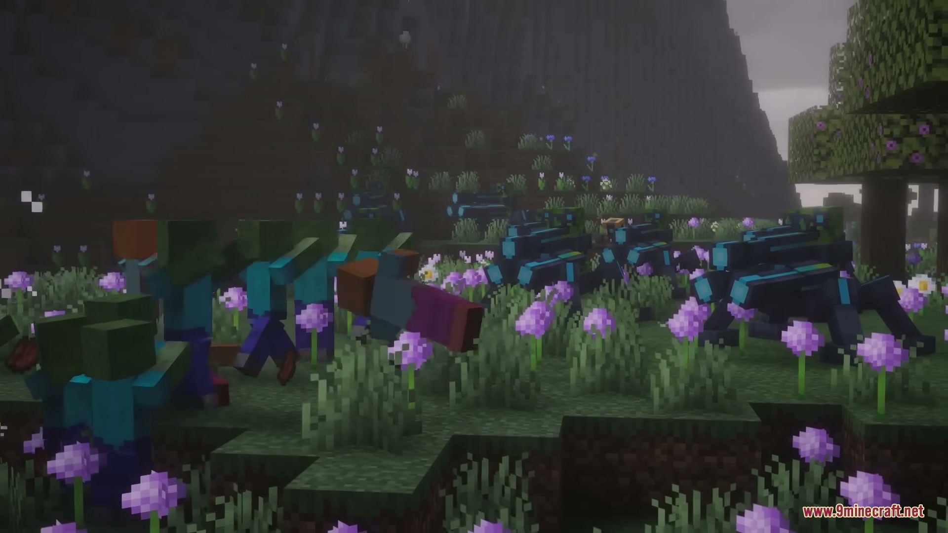 Neon Sentry Keeper Mod Screenshot 9 Neon Sentry Keeper Mod features cyborg creepers and zombies in a flower field