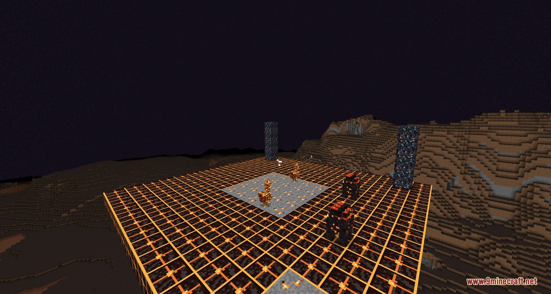 Nerospace Mod Screenshot 4 Alien creatures standing on an orange platform in the volcanic world of Cindara