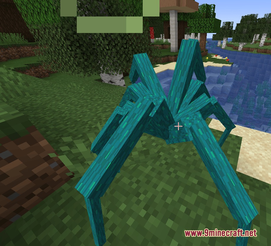 Netherite Octoarachnopod the Netherite Spider Mod Screenshot 1 A giant teal Camo Stalker spider stands in a lush green forest biome
