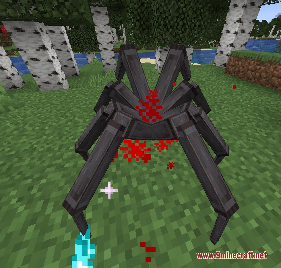Netherite Octoarachnopod the Netherite Spider Mod Screenshot 2 A massive dark Netherite Spider with red particles hunts in a birch forest