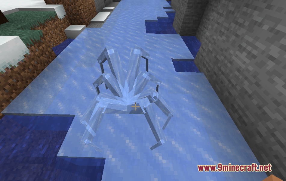 Netherite Octoarachnopod the Netherite Spider Mod Screenshot 3 A giant translucent spider creature standing on a frozen river in a snowy biome