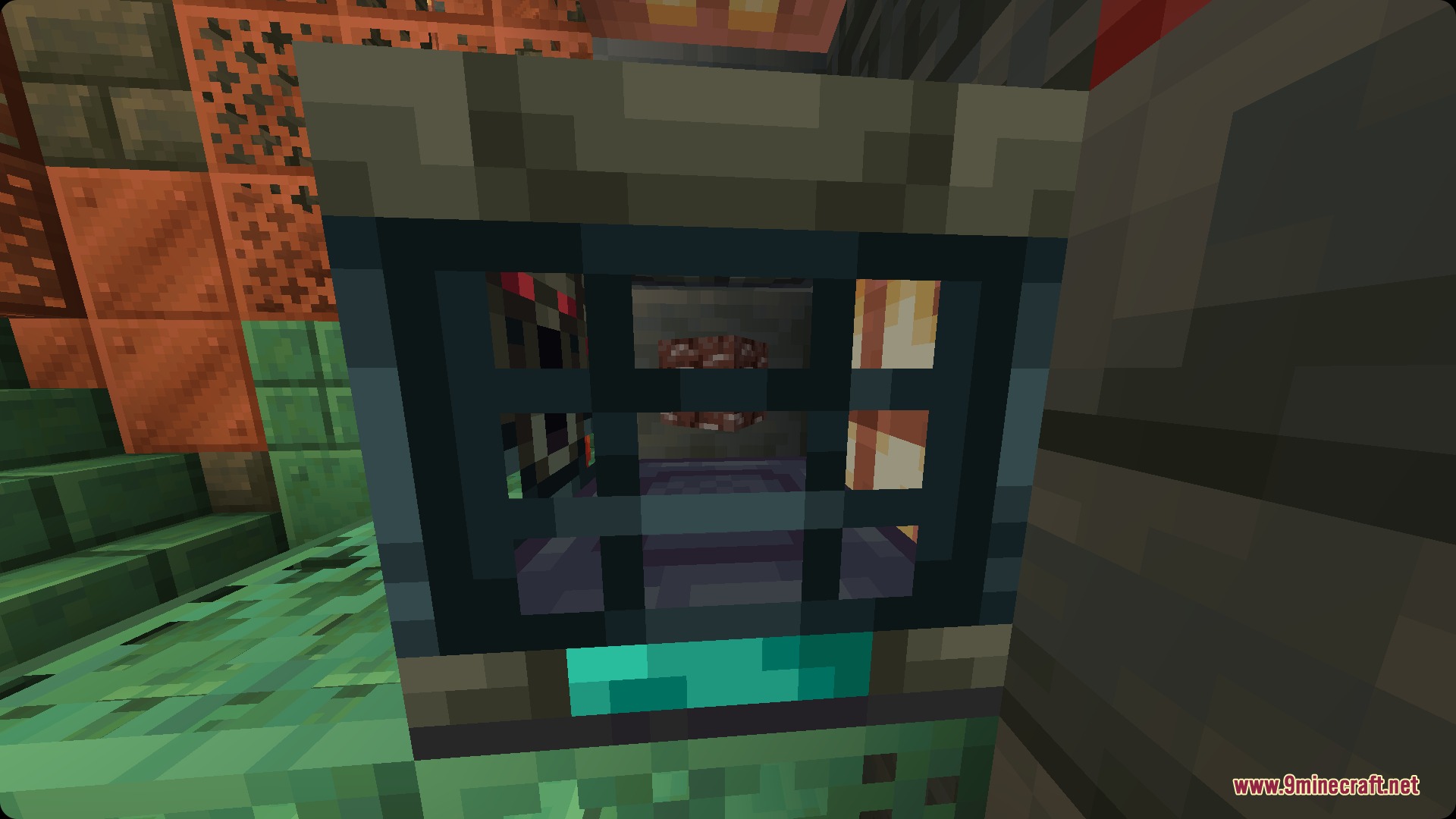 Netherite Vault Mod Screenshot 2 Ancient debris spinning inside an ominous vault block within a trial chamber