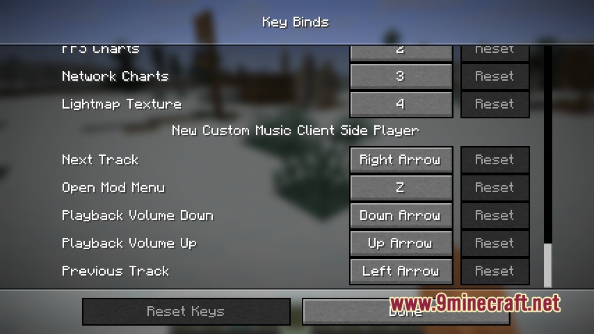 New Custom Music Client Side Player Mod Screenshot 2 Key binds menu showing controls for the custom music player mod