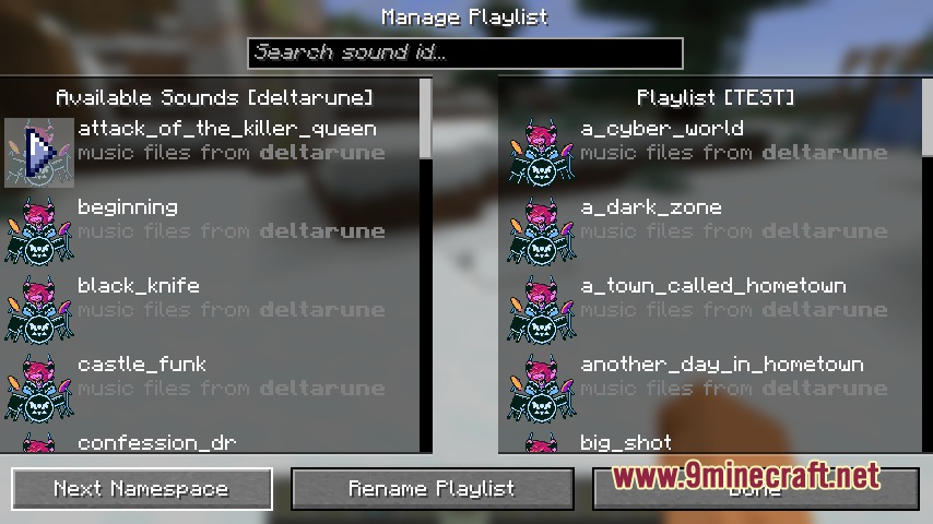 New Custom Music Client Side Player Mod Screenshot 5 A menu screen for managing custom music playlists and available sound files