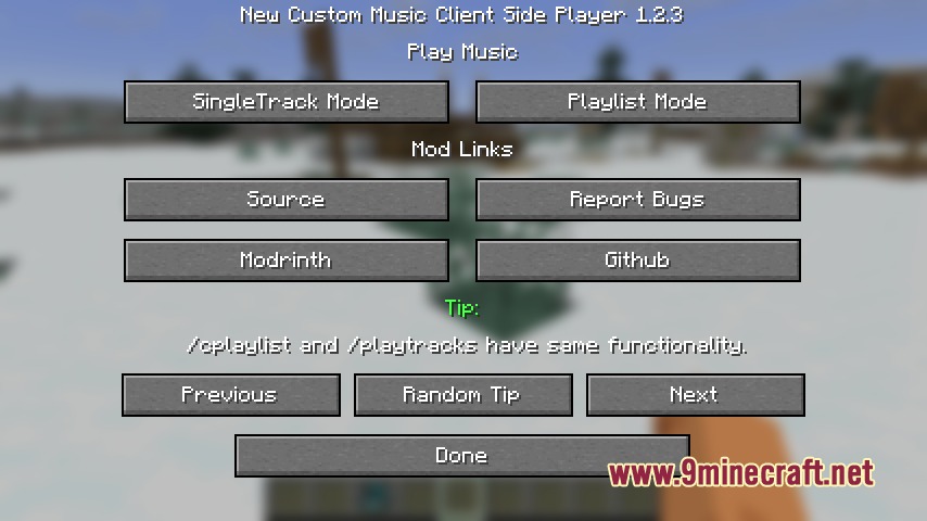 New Custom Music Client Side Player Mod Screenshot 8 Main menu of the New Custom Music Client Side Player mod interface