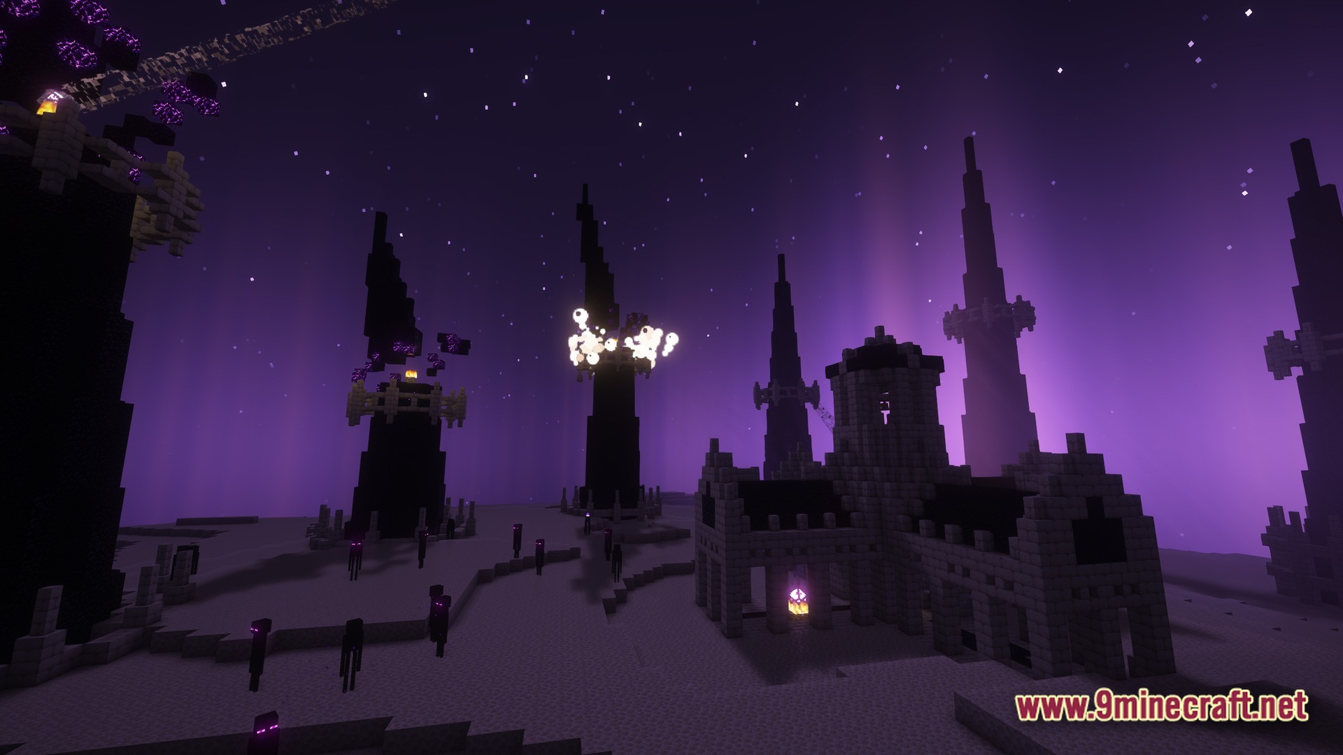 Endermen roam near obsidian towers and stone structures under a purple sky in the End dimension