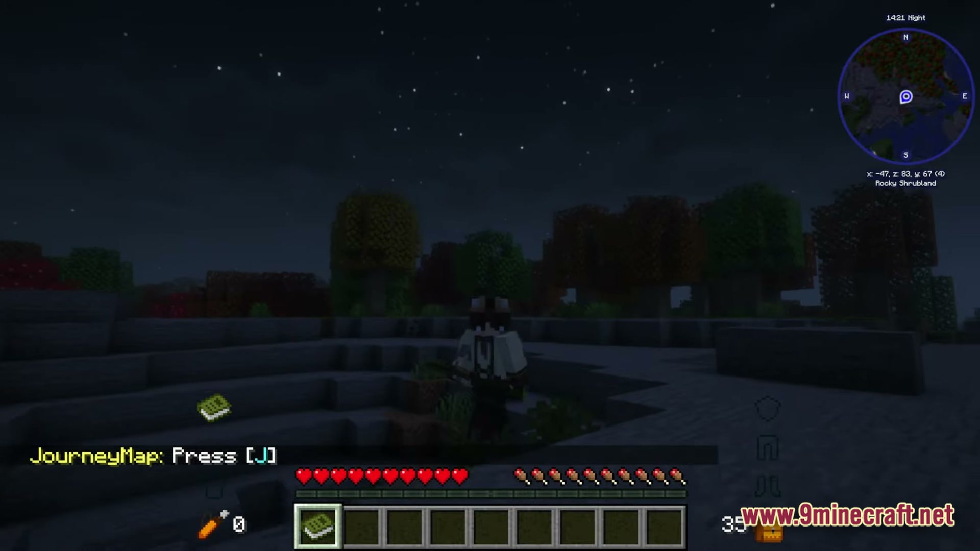 A player character stands in a rocky shrubland biome at night with a minimap HUD element