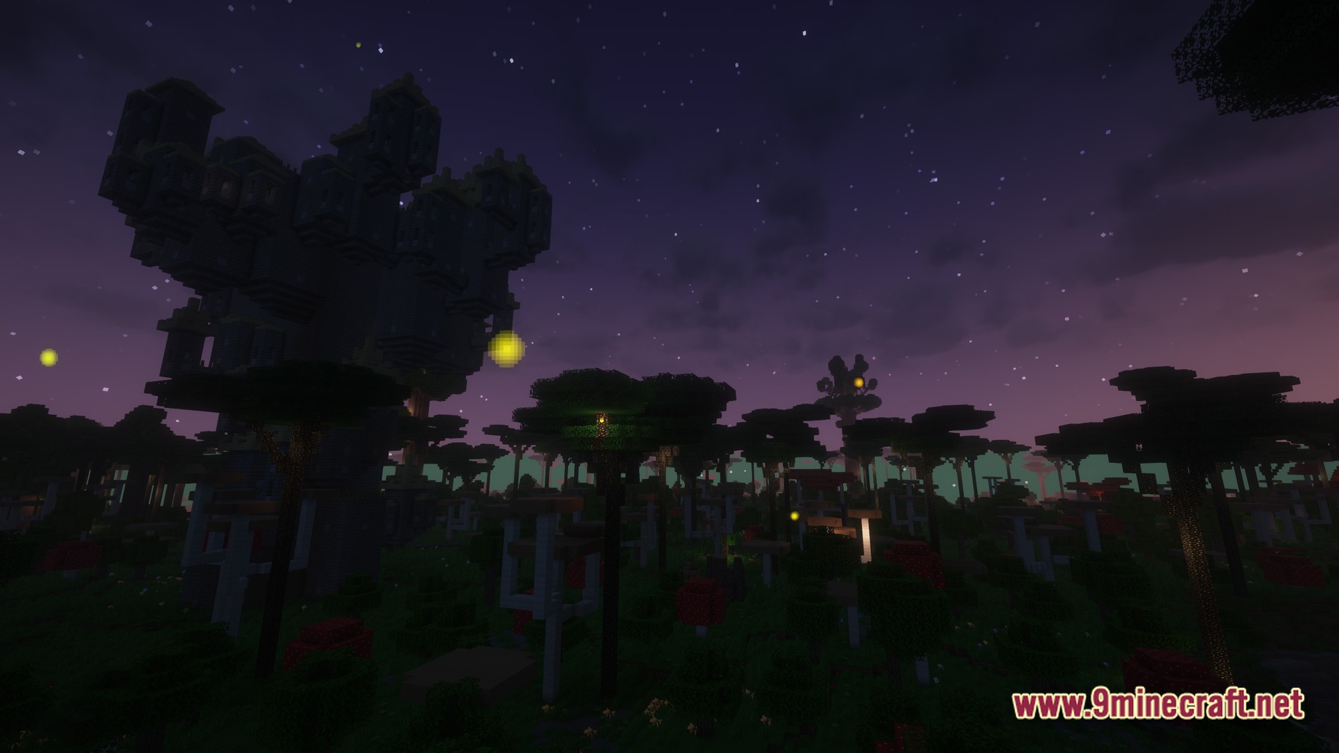 A large stone tower stands within a dark forest biome under a starry night sky