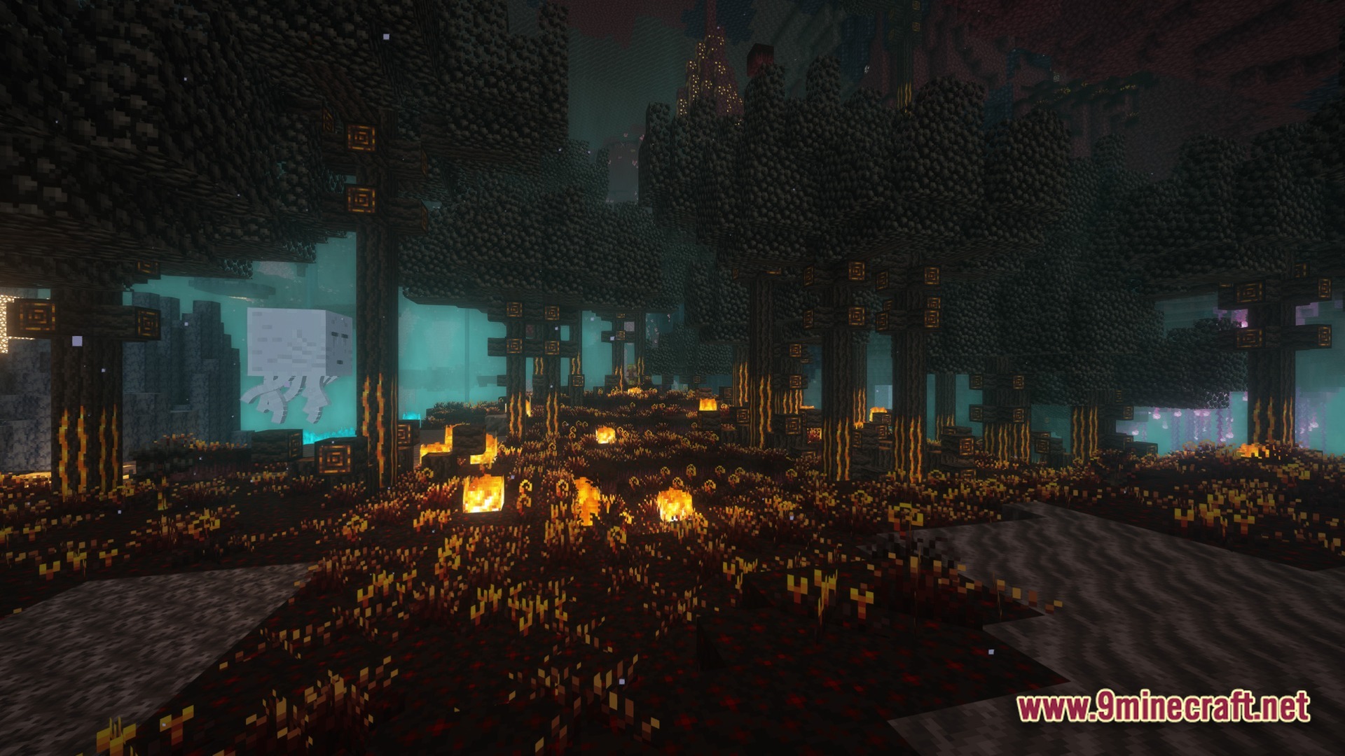 A Ghast floats near dark trees and fire in a custom Nether biome with shaders