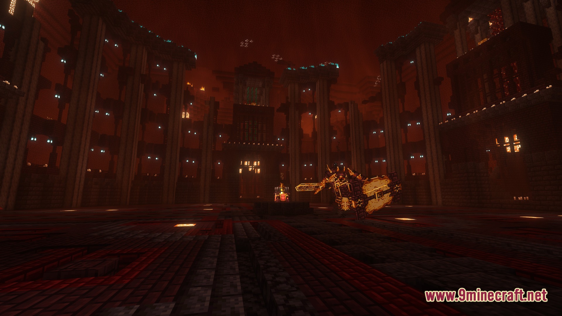 A large armored boss mob stands within a massive dark stone arena in the Nether dimension
