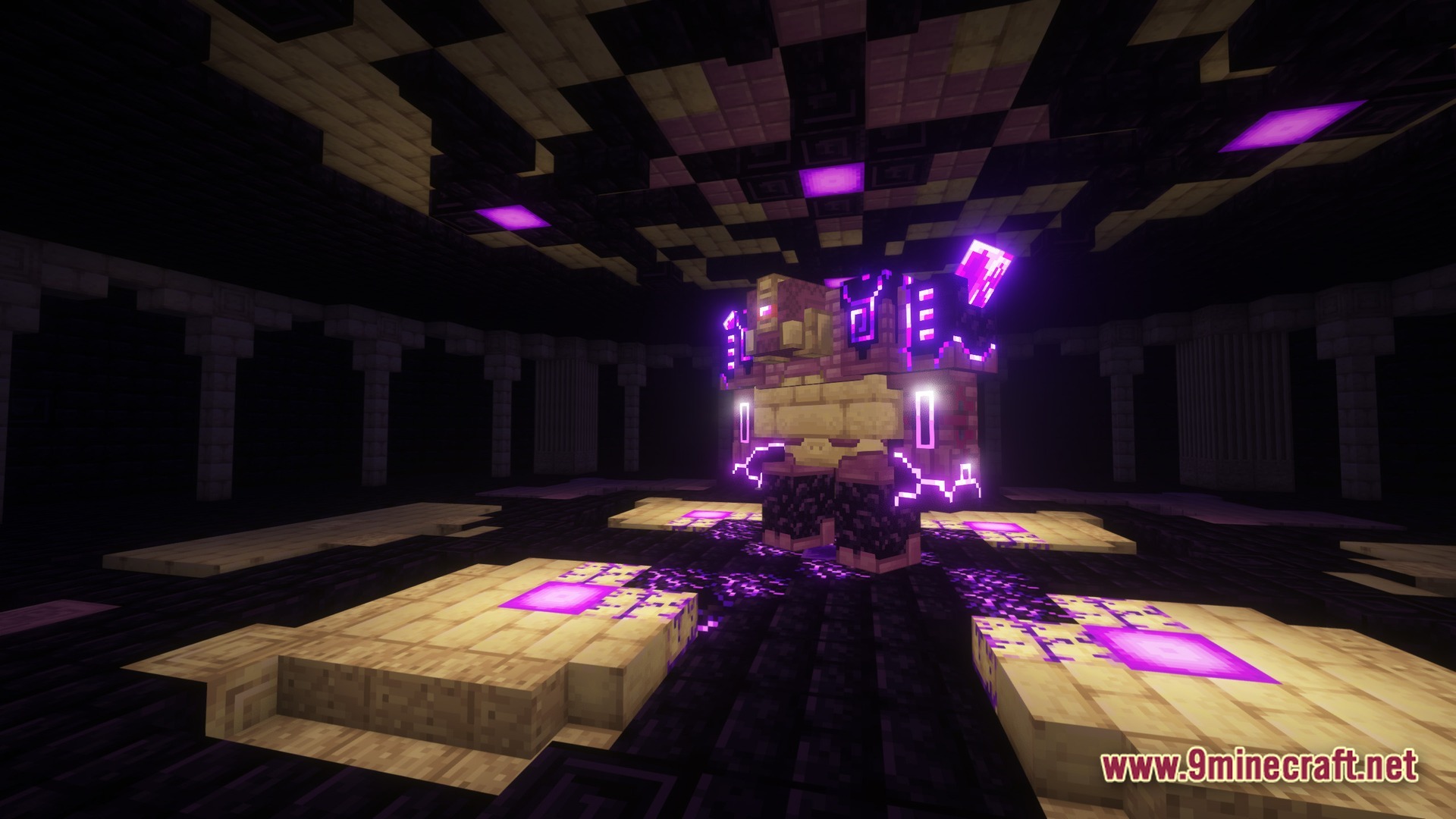 A glowing purple boss mob stands in the center of a dark underground stone chamber