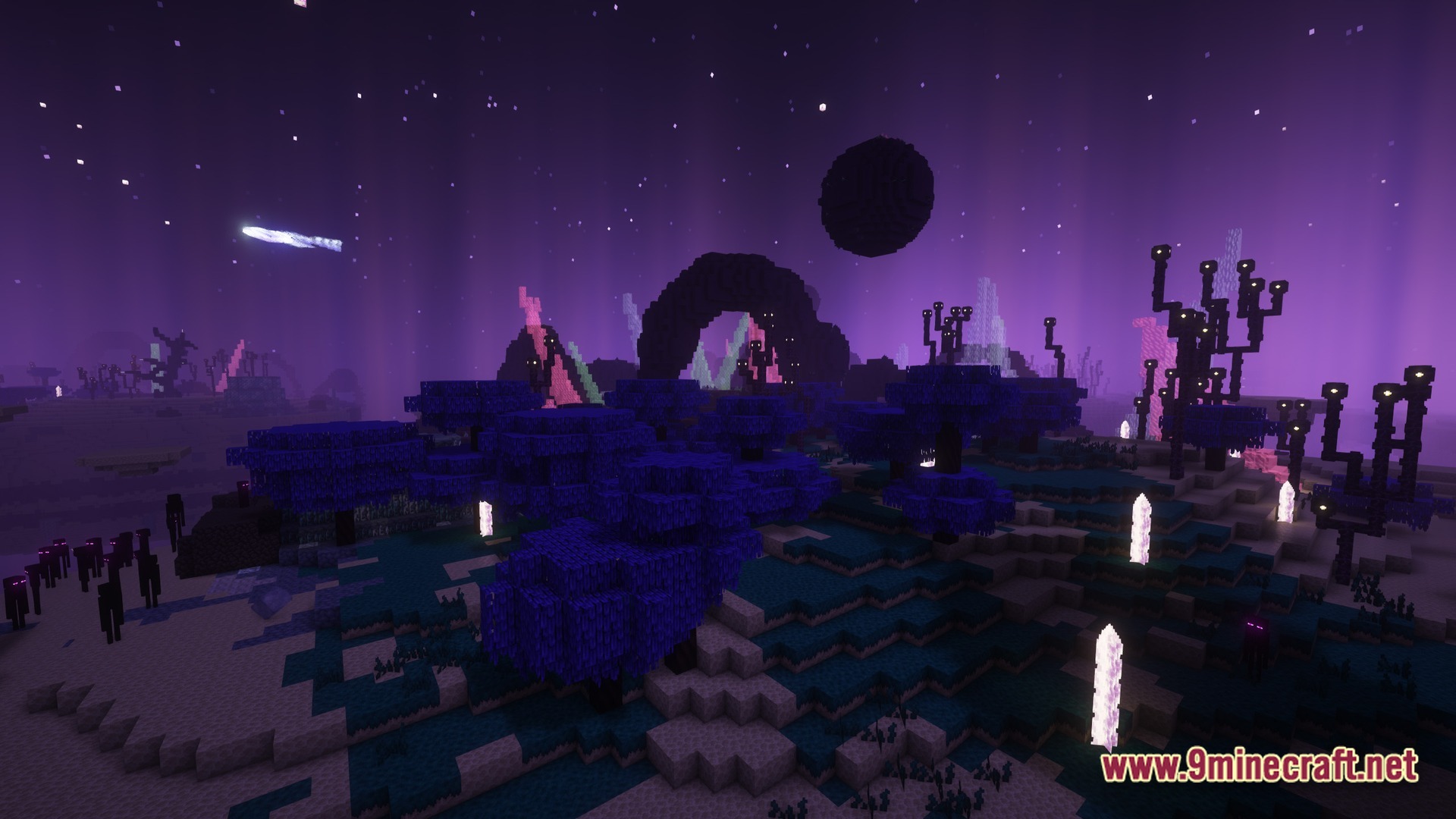 An alien End biome featuring purple trees, glowing crystals, and Endermen under a starry violet sky