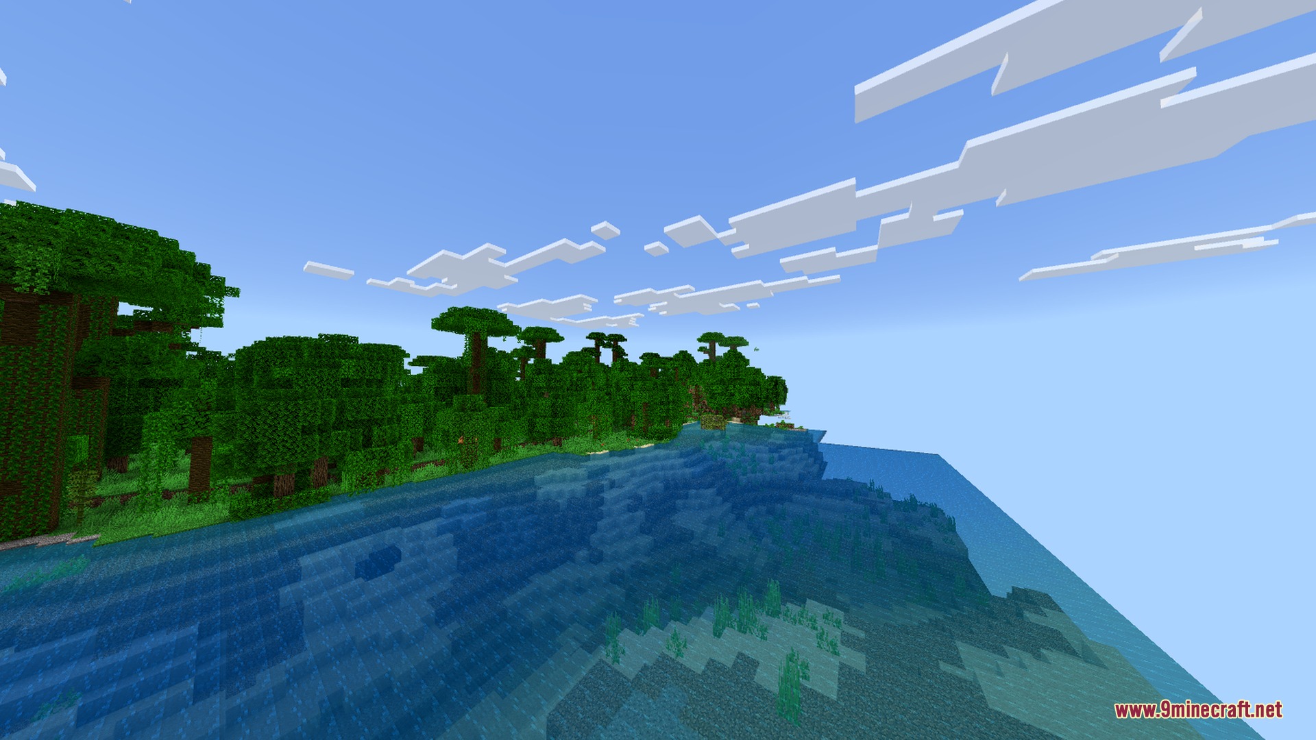 Newb CraftEdge Shader - RenderDragon Shader Screenshot 1 Lush jungle trees reflected in clear blue water under a bright sky