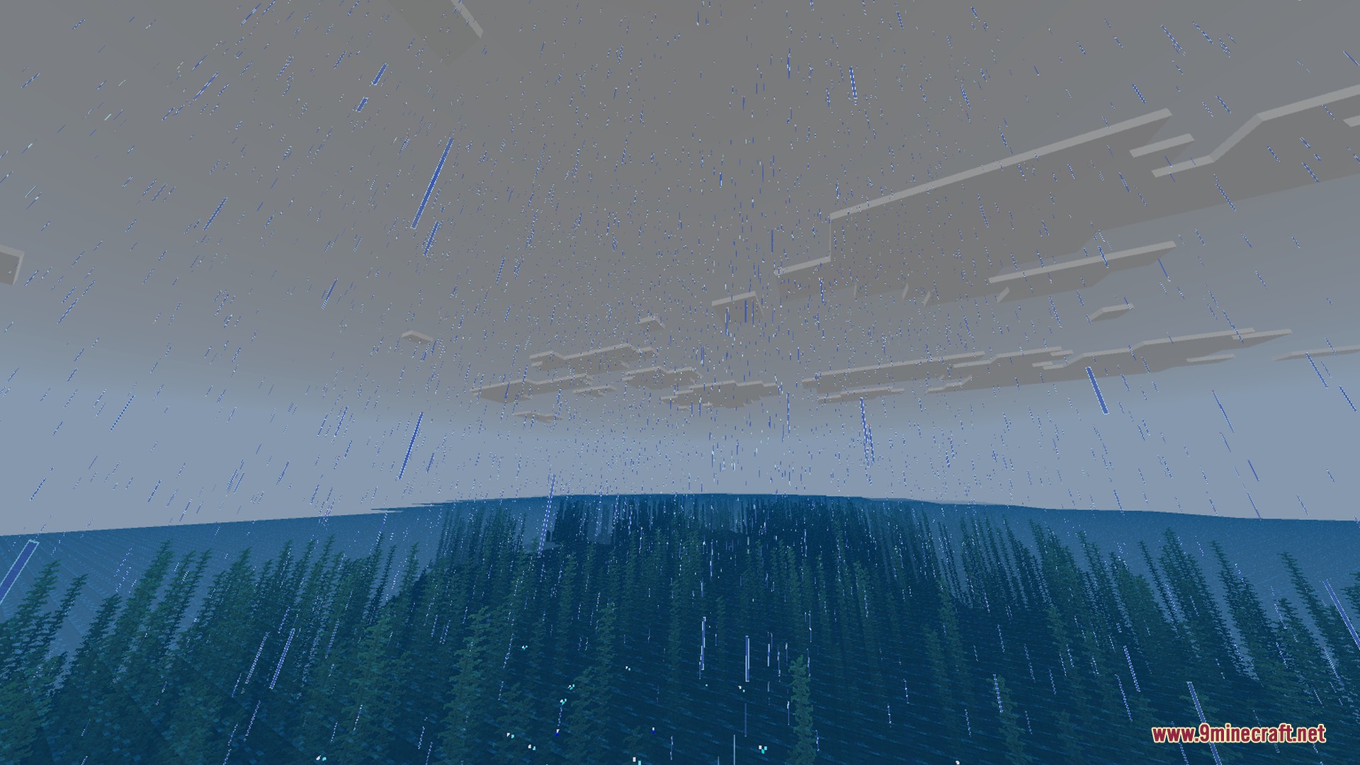 Newb CraftEdge Shader - RenderDragon Shader Screenshot 10 Rain falling over a deep blue ocean with dense seagrass visible underwater