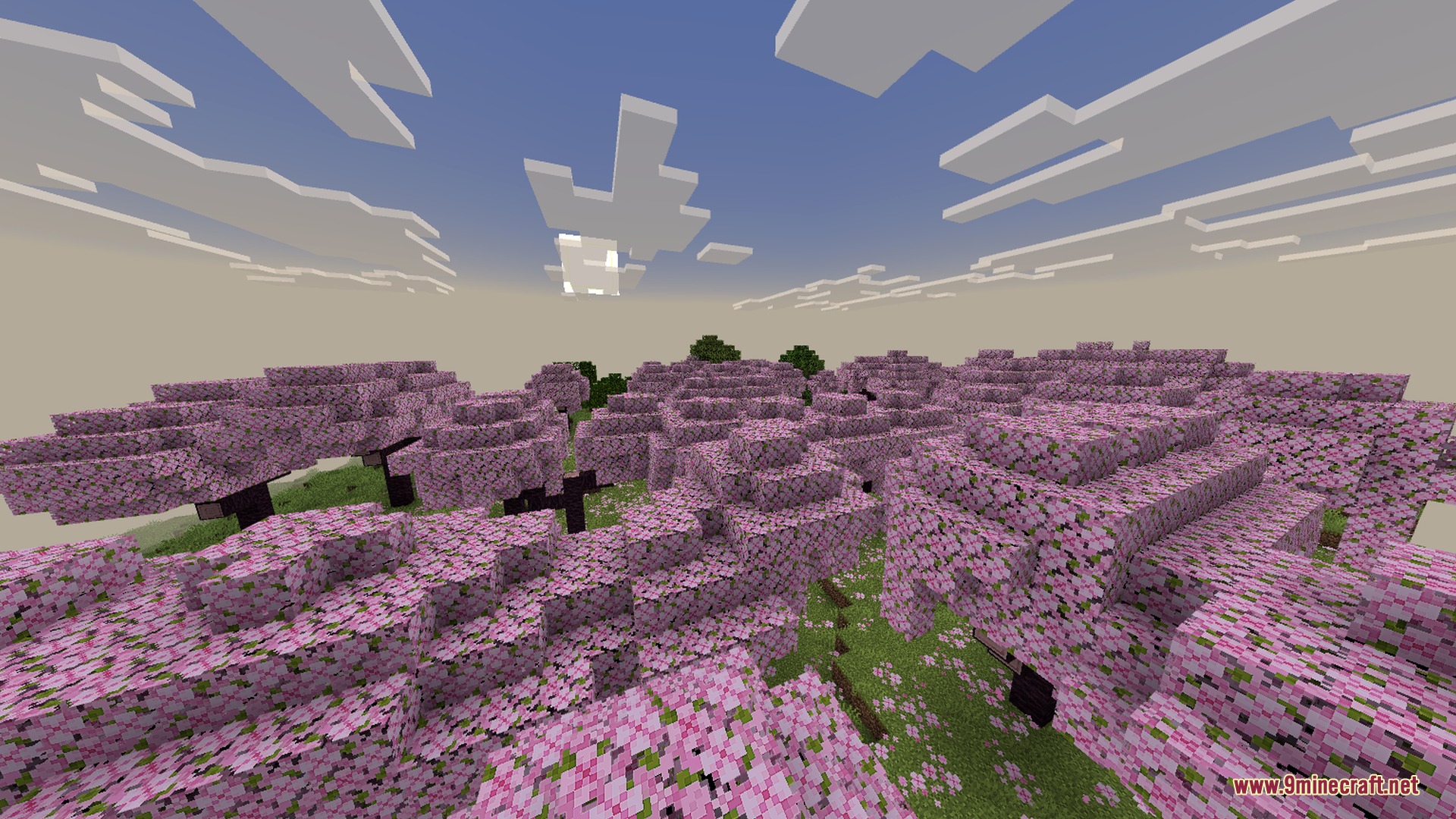 Newb CraftEdge Shader - RenderDragon Shader Screenshot 2 Pink cherry blossom trees under a soft sky with atmospheric fog effects