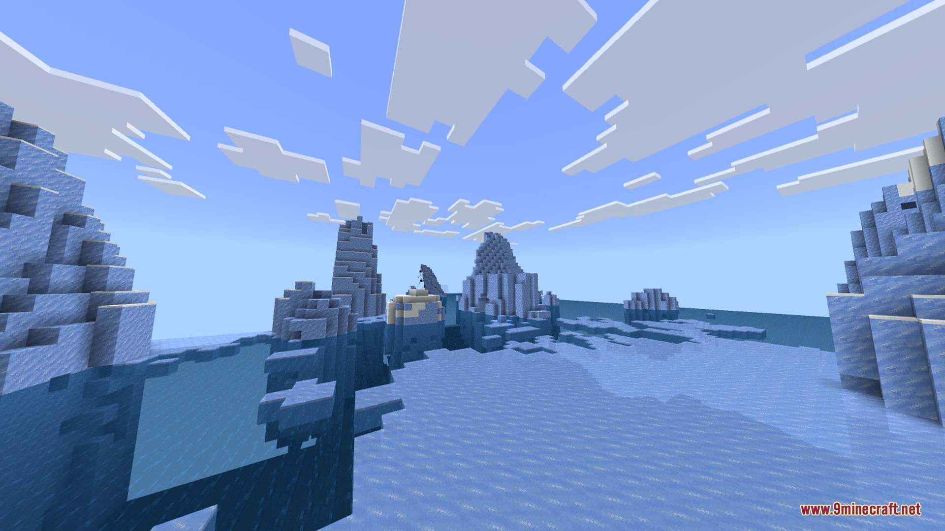 Newb CraftEdge Shader - RenderDragon Shader Screenshot 3 Realistic water reflections and atmospheric fog in a frozen Minecraft ocean biome