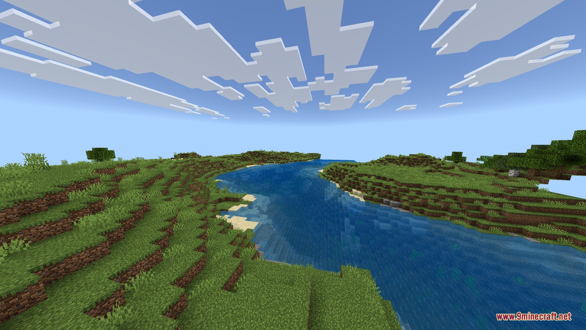 Newb CraftEdge Shader - RenderDragon Shader Screenshot 4 Clear river water with sky reflections flowing through a green plains biome