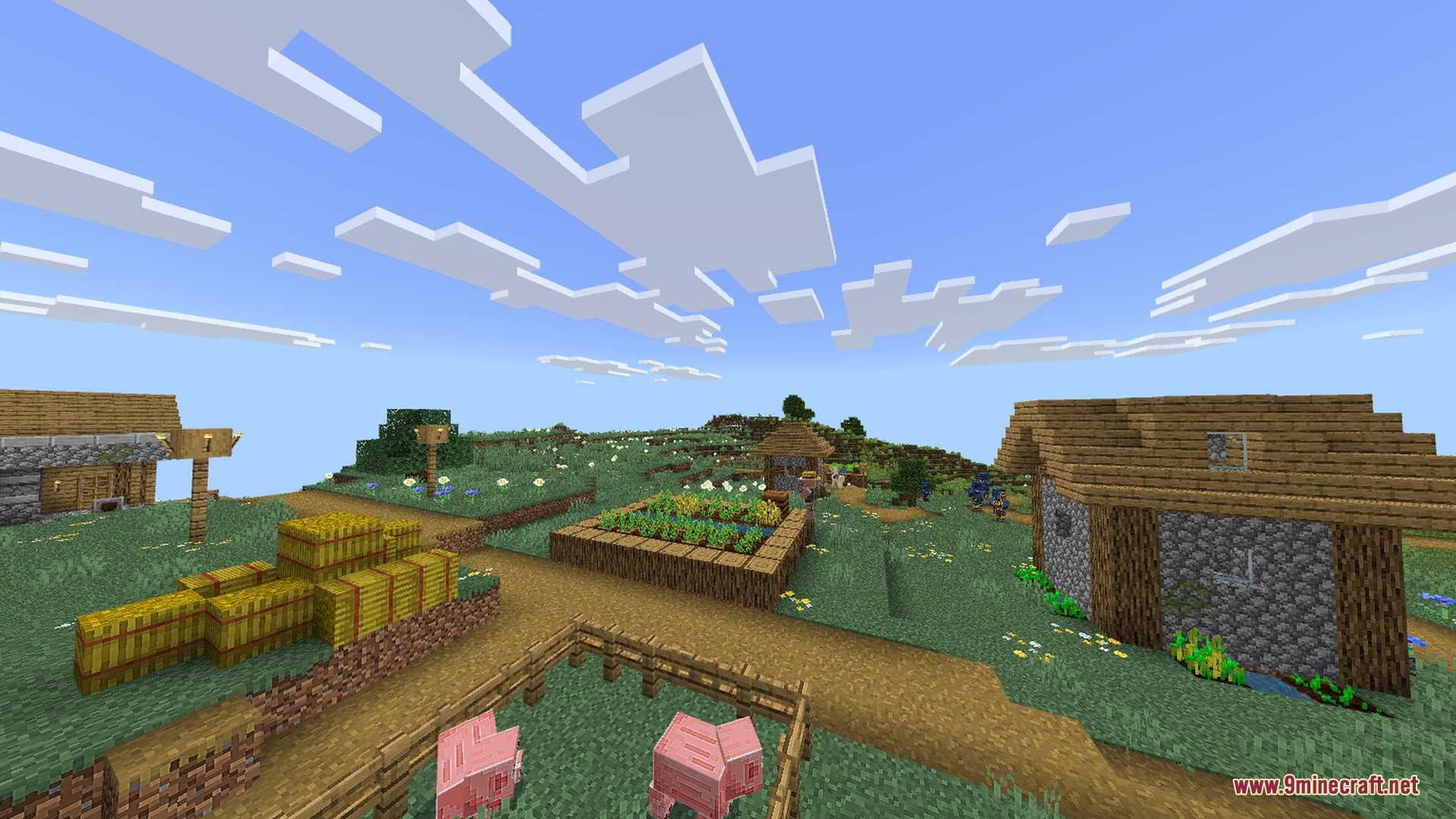 Newb CraftEdge Shader - RenderDragon Shader Screenshot 6 A peaceful Minecraft village with wooden houses and pigs in a pen