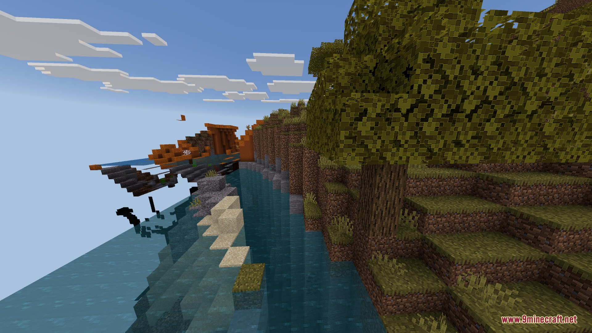 Newb CraftEdge Shader - RenderDragon Shader Screenshot 8 Clear water reflections appear near a rocky cliffside with a floating wooden structure