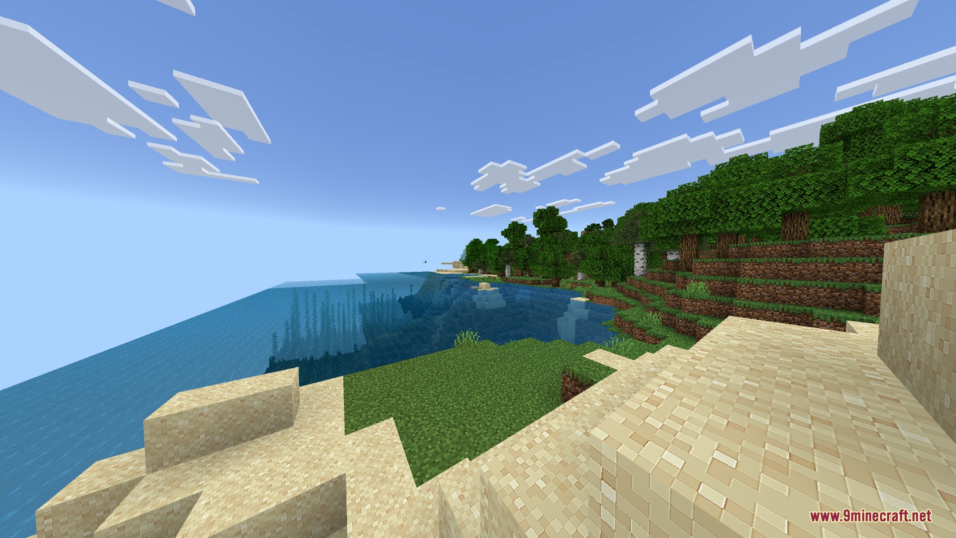 Newb CraftEdge Shader - RenderDragon Shader Screenshot 9 A scenic Minecraft coast featuring atmospheric fog and realistic water reflections