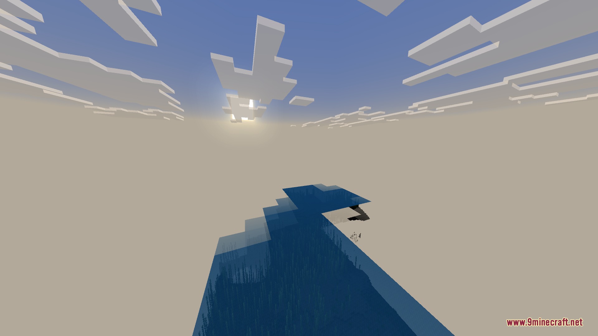 Sunlight shines through clouds over a transparent Minecraft world showing blue water blocks