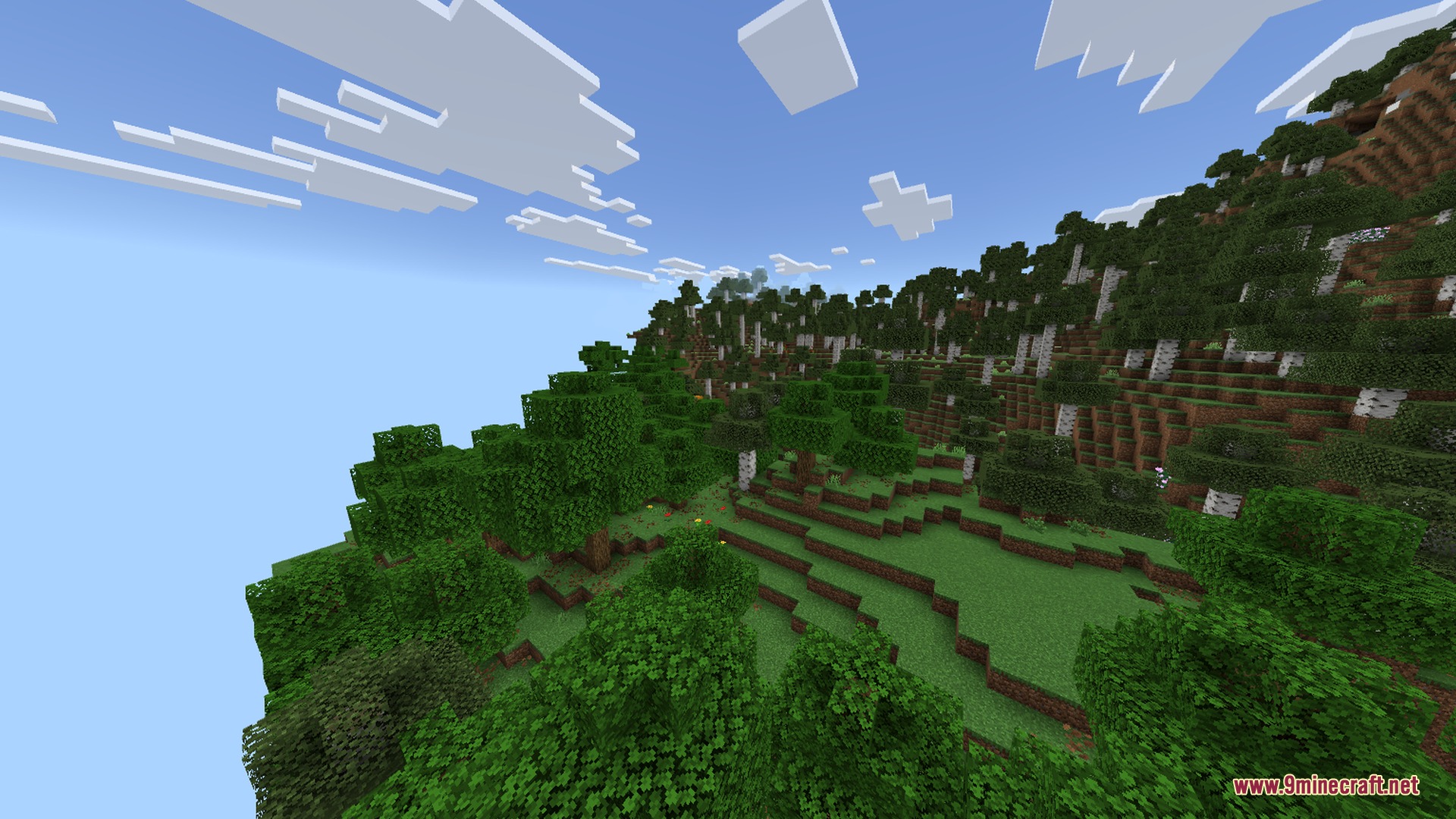 Lush green forest biome on a hillside under a bright blue sky