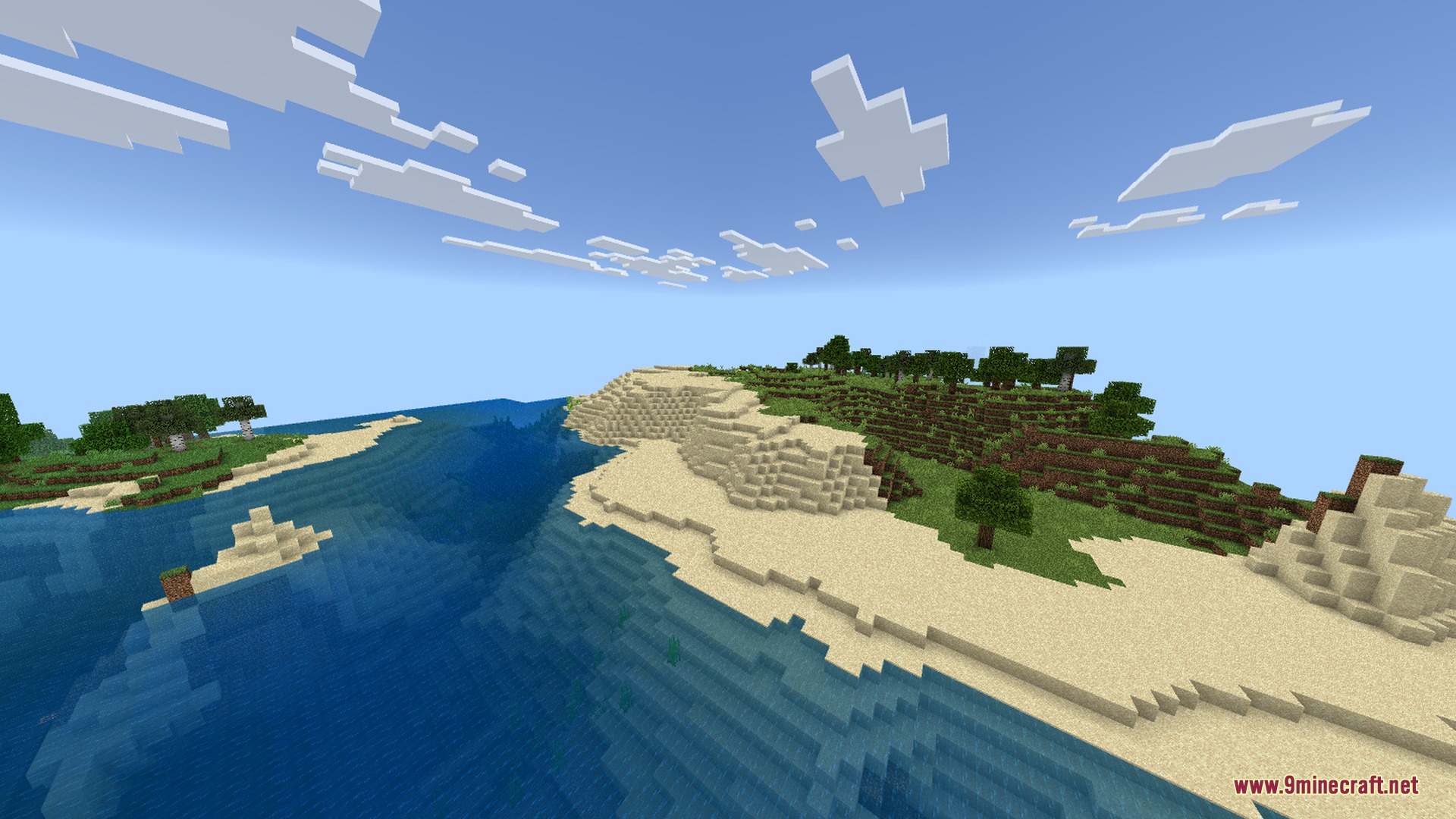 Newb NightfFall Official Shader Screenshot 1 A scenic Minecraft landscape with a sandy beach and clear blue ocean water