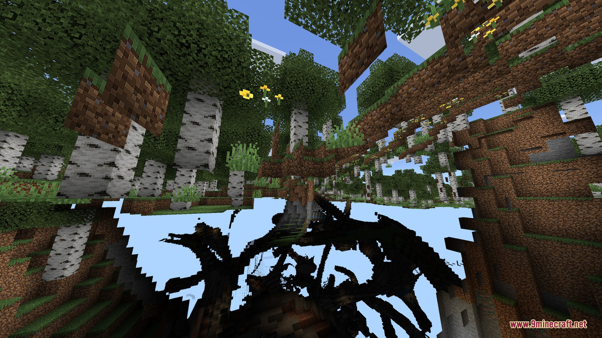 Newb NightfFall Official Shader Screenshot 2 A view from underneath the ground showing birch trees and floating grass blocks
