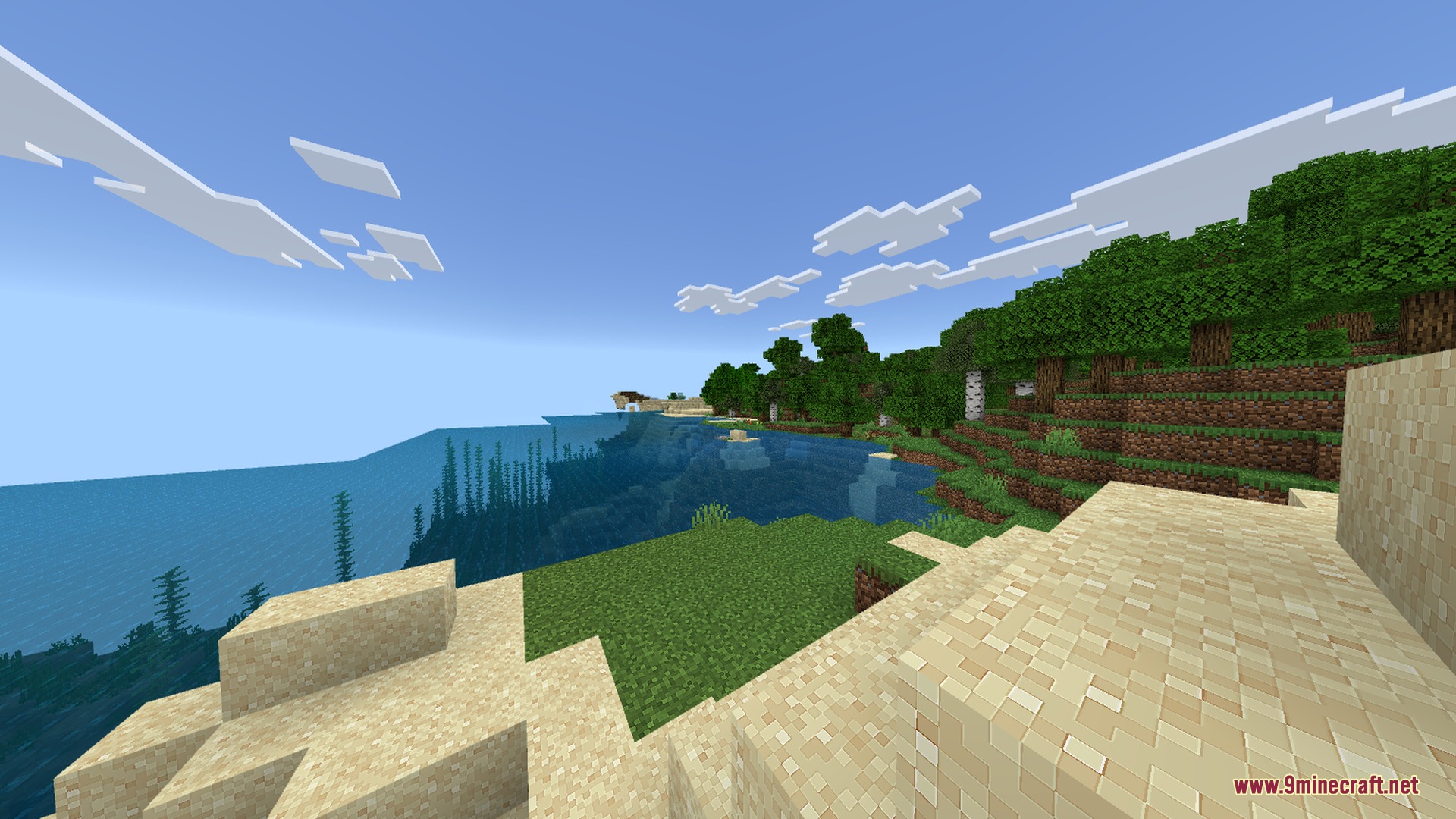 Newb NightfFall Official Shader Screenshot 4 A bright coastal view featuring sandy shores and clear blue ocean water