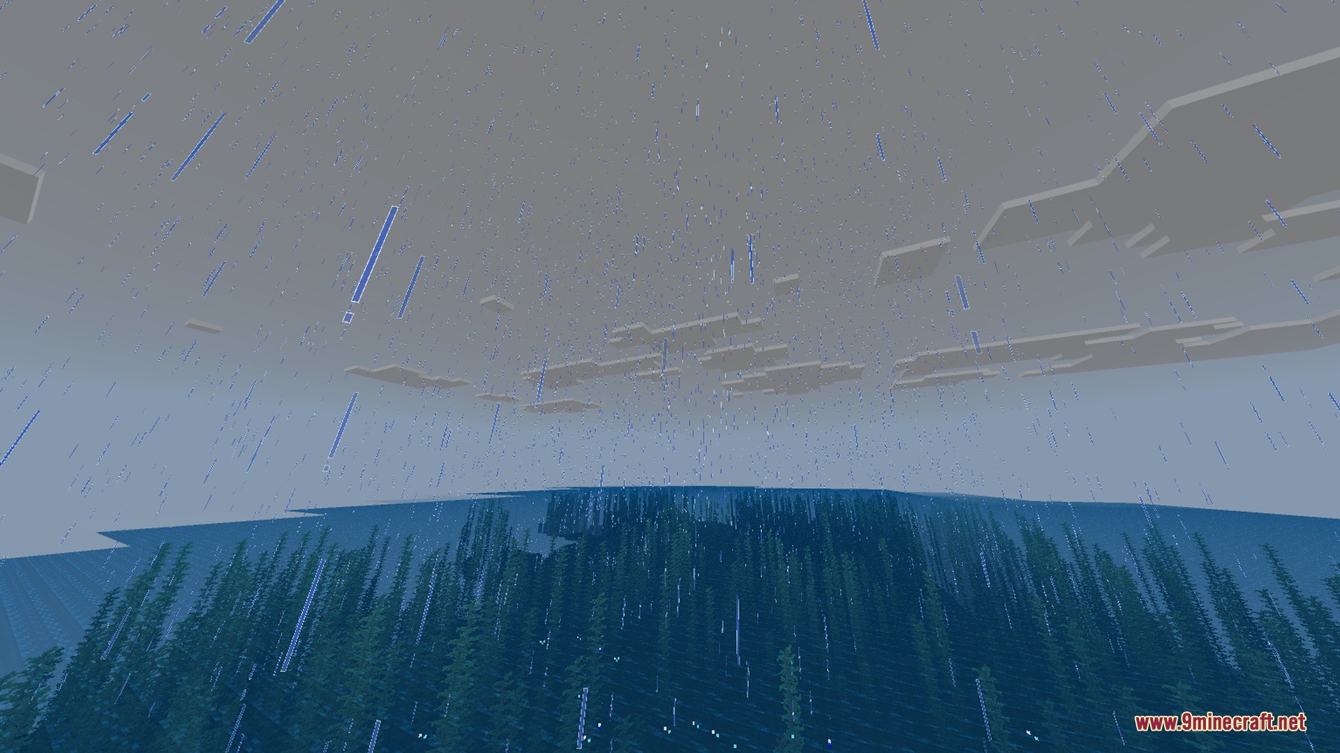 Newb NightfFall Official Shader Screenshot 5 Rain falling over a vast ocean with tall green kelp plants underwater