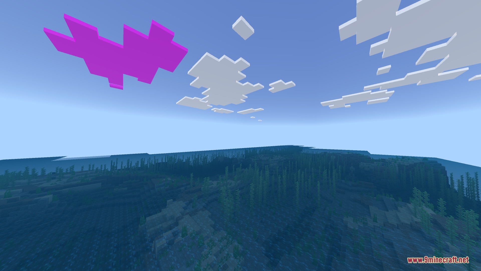 Newb Reprise shader features a unique bright pink cloud over the vast ocean
