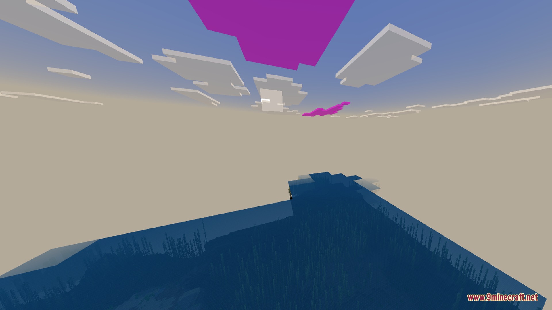 A vast blue ocean under a custom sky with large purple clouds