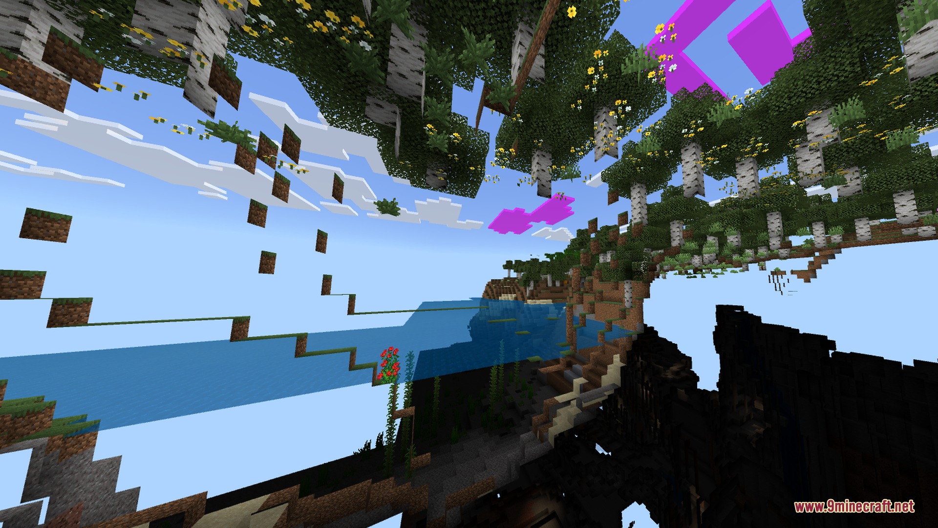 Floating birch trees and underground caves visible through a transparent world perspective