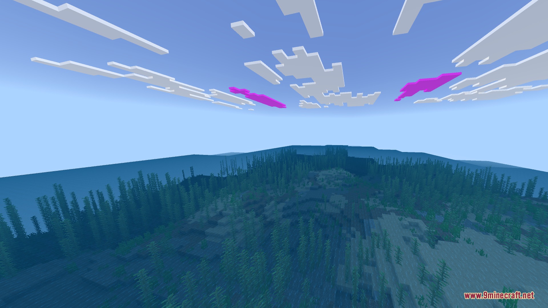 Underwater kelp forest under a bright sky with pink blocky clouds